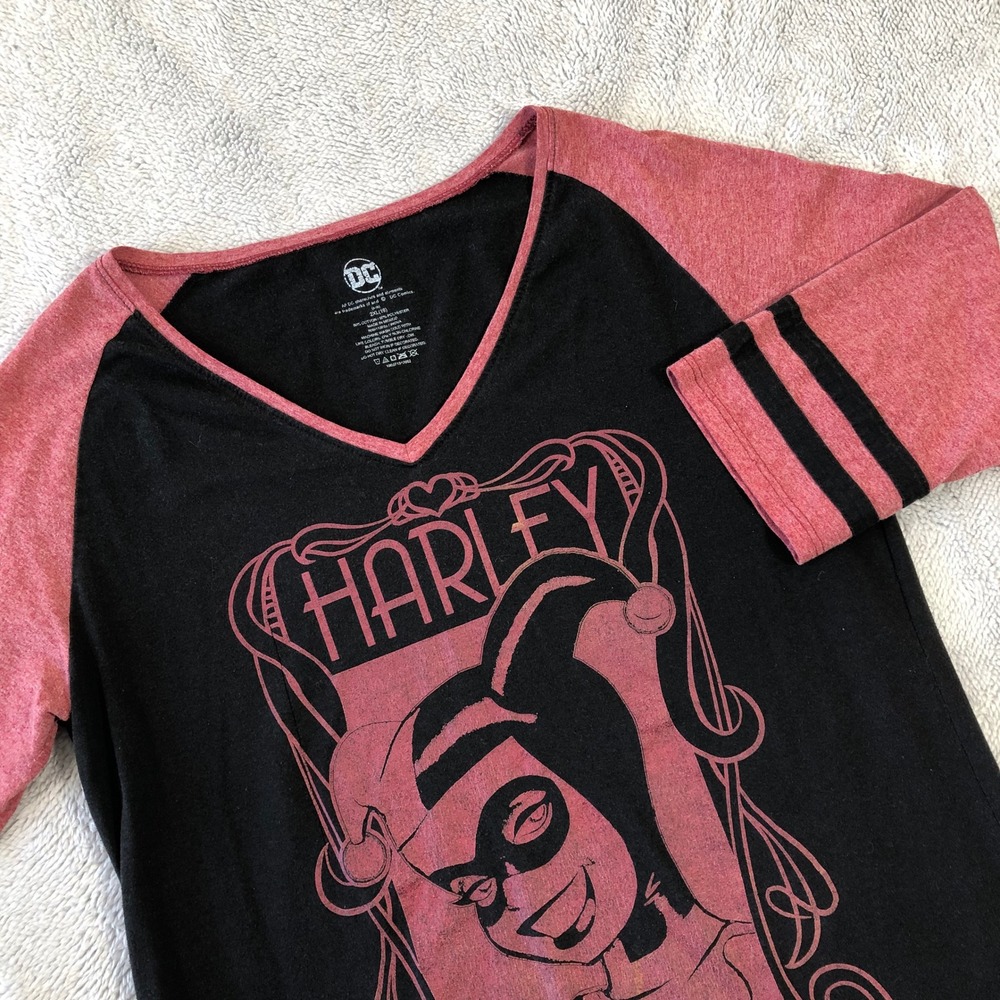 DC Comics Harley Quinn Women 2XL Black Red Raglan 3/4 Sleeve Graphic Tee Shirt